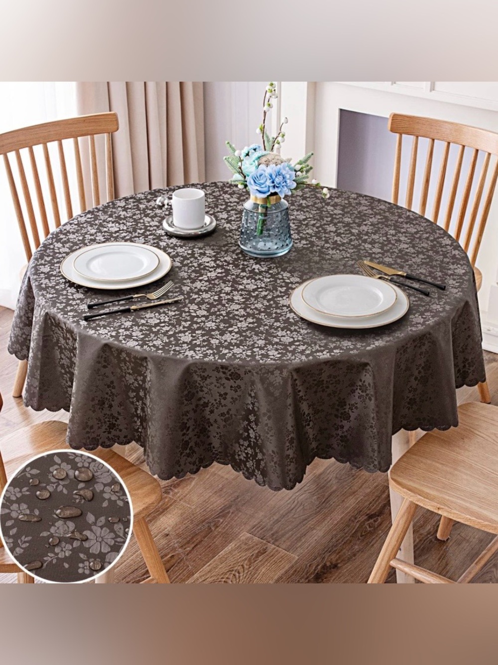 Floral Embossed Vinyl Tablecloth Round 70x70” Coffee Brown